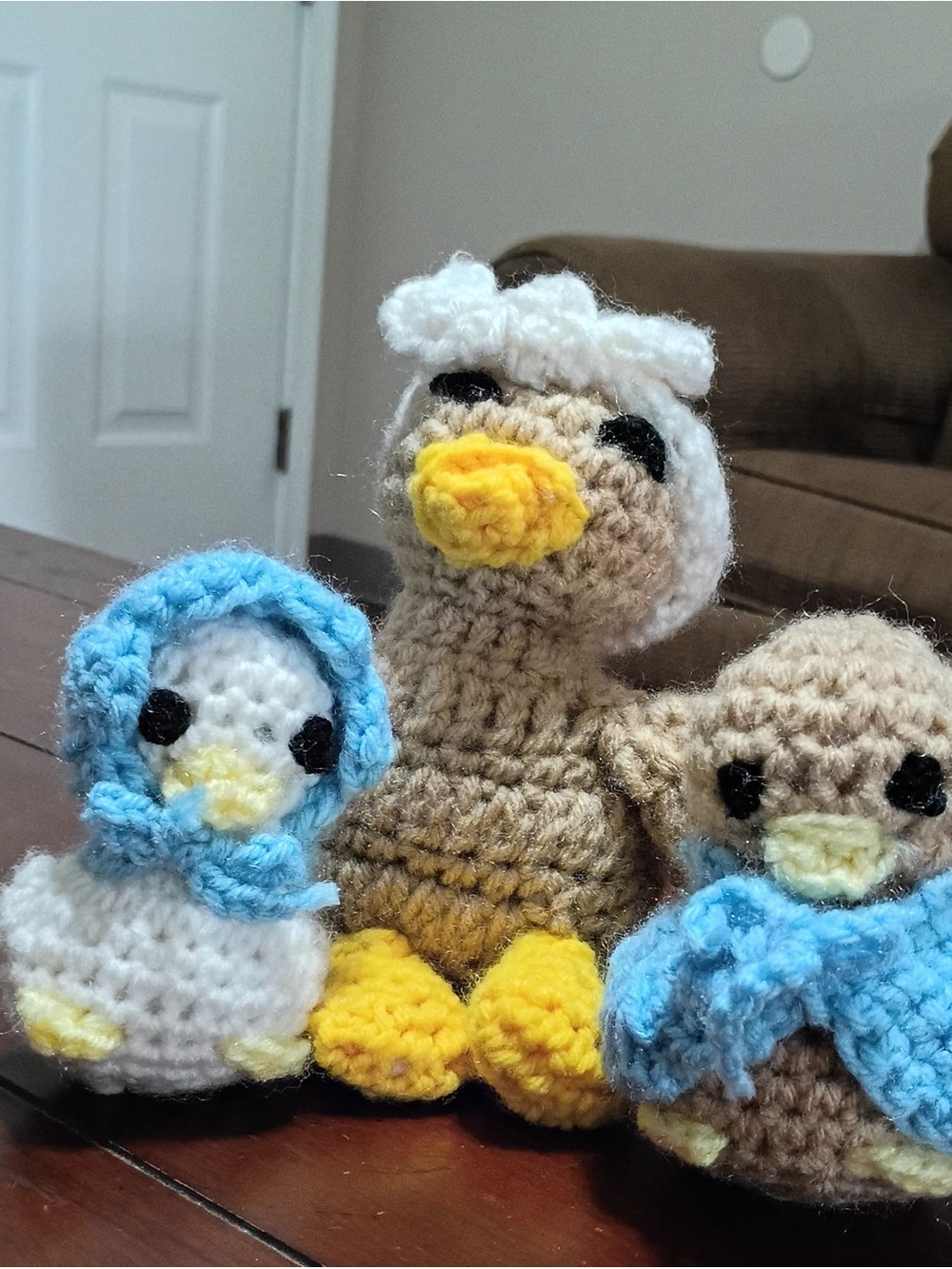 Handmade Crochet Duck Trio - White, Tan, Yellow & Blue